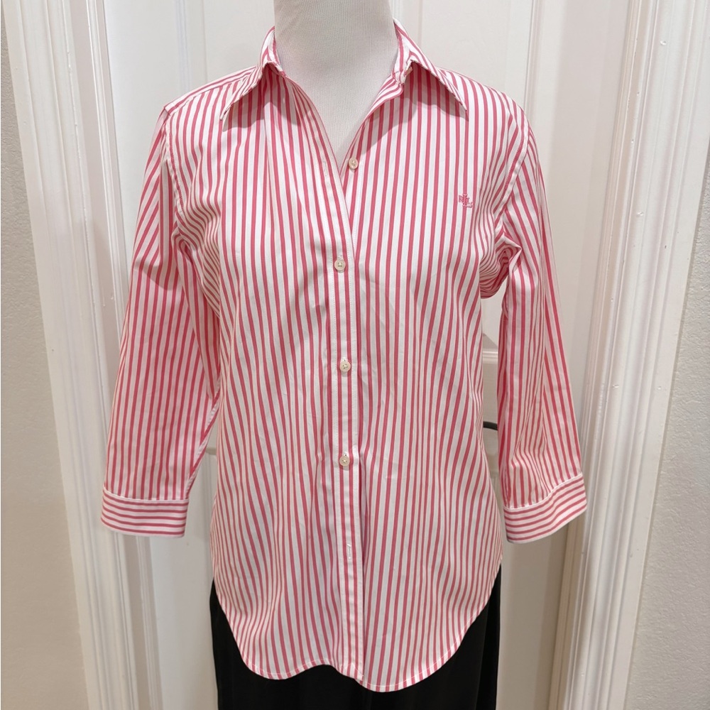 Lauren Ralph Lauren Classic 100% Cotton Pink and White Striped Button Down Small